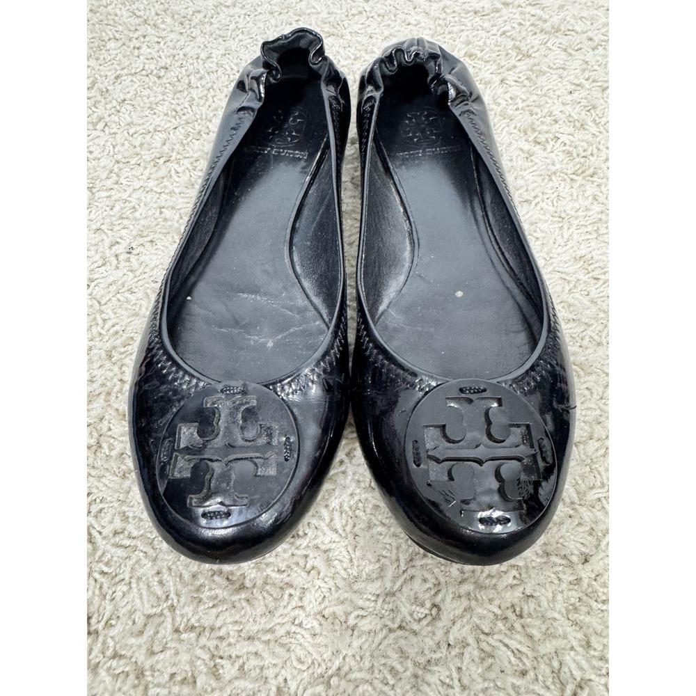 Tory Burch Minnie Travel Ballet Slip On Shoes Flats Black Patent Leather Sz 7.5